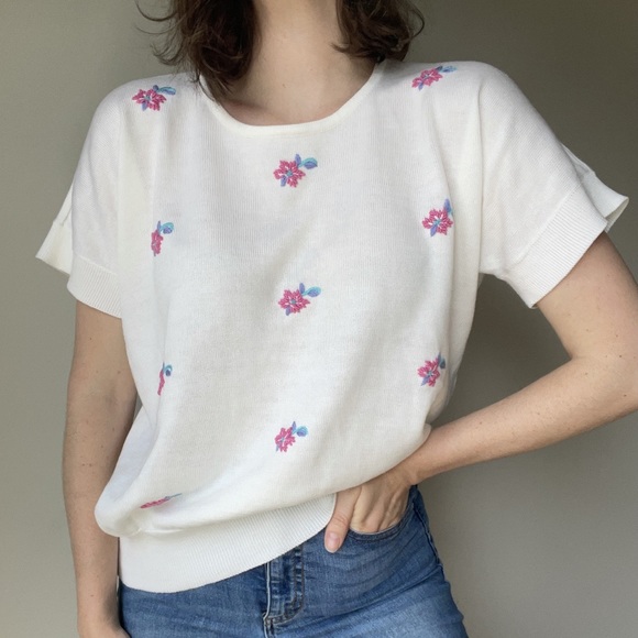 80’s floral embroidery knit top / large - Picture 3 of 10